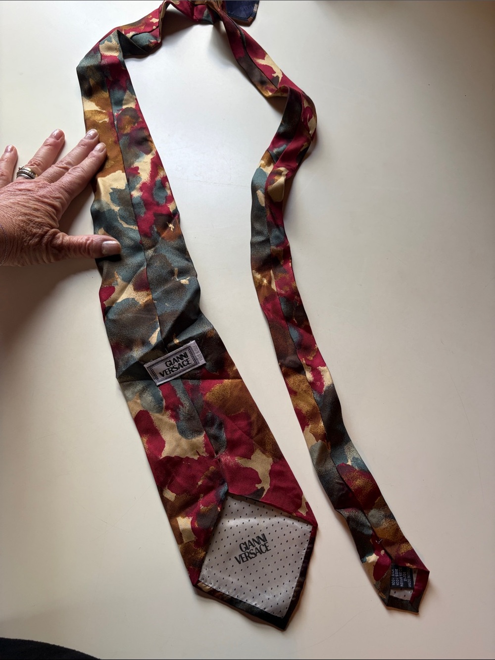Vintage Versace Silk Tie with Red, Gold and Green Abstract watercolor Print